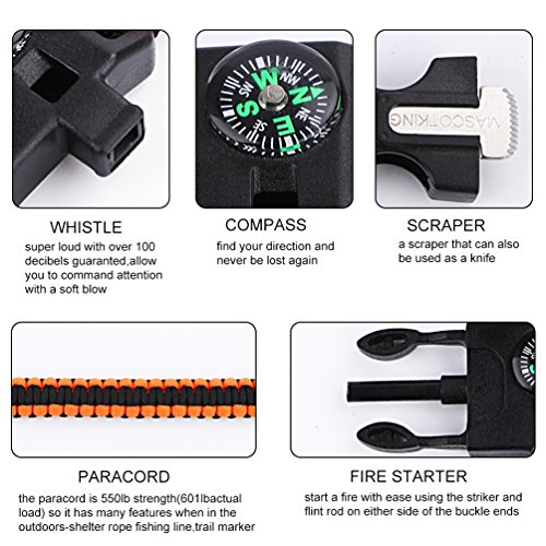 MASCOTKING Emergency Paracord Bracelets Braided Tactical Survival Gear Flint Fire Starter Whistle Compass Scraper Outdoor Survival Kit For Camping Hiking Fishing - Thumbnail 3