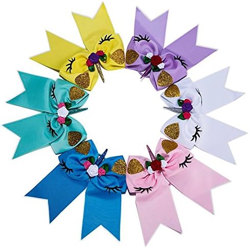 Sacarla 7.5 inch Sparkly Large Size Fashion Unicorn Cheer Bows Elastic Headband For Girls Hair Bows Ponytail Tie With Gift Box Sweet Bows for girls pack of 6