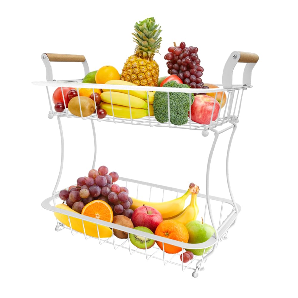 TINMIX 2-Tier Fruit Basket Fruit Baskets Vegetable Rack Worktop Fruit Bowls Fruit Rack Metal Kitchen Accessories Storage Basket Fruit Stand (White)
