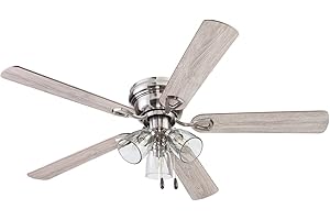 Portage Bay Ceiling 52" Renton Brushed Nickel Indoor Fan with Clear 3 Light LED Multi Arm E26/B11 Bulb and Pull-Chains, Traditional Style, 5 Reversible Gray Oak/Walnut Blades, 51440, 52 Inch