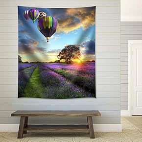 Hot Air Balloons Above a Lavender Field - Fabric Tapestry, Home Decor - 51x60 inches