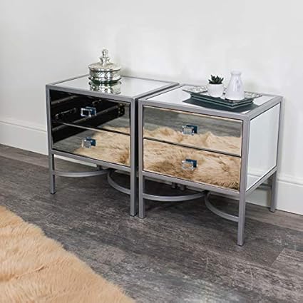Melody Maison Thalia Nachttische, verspiegelt, silberfarben, 2 Stück