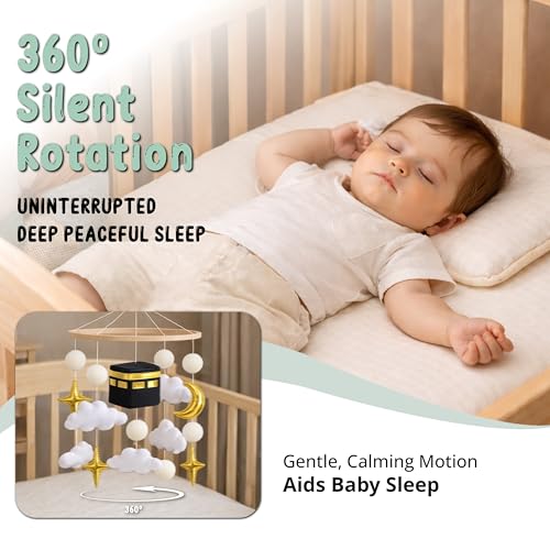Dua Baby Crib Mobile - Islamic Toy - Halal Baby Sleep Music with Soothing Duas & Surahs - Full Set with Sound Box, Remote, Cot Mobile Arm, Rotating Montessori Infant Crib Toys Hanging Muslim Gift