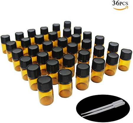 One Trillion ，2 ML(5/8 Dram) Amber Sample Glass Bottles For Essential Oil With Orifice Reducer,and Black Cap, (Pack of 36)