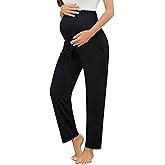 SWOMOG Women's Maternity Pajama Pants Over The Belly Pregnancy Pants Stretchy Lounge Wide Leg Trousers with Pockets