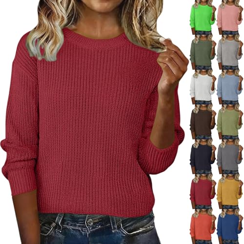 Kintted Jumpers Ladies Women's Fall Winter Knitted Sweaters Crew Neck Warm Base Jumpers Casual Long Sleeved Solid Color Sweater Christmas Ski Sweaters for Women UK Elegant Comfort Travel Pullover Top