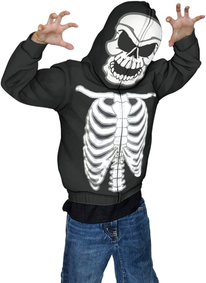 Glow in The Dark Skeleton Mask Full Zip Up Hoodie Halloween