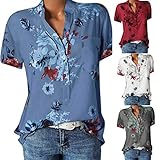 Tops for Women Plus Size, Summer Floral Print Short Sleeve T-Shirts V-Neck Button Up Blouse Casual Tee