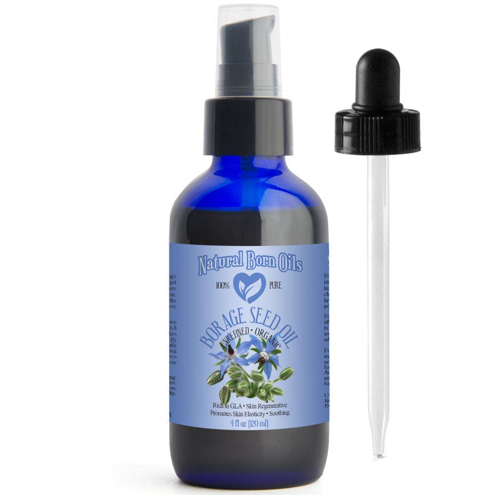 SALE! 4oz Borage Seed Oil, 100% Pure and Natural, Cold-Pressed, Unrefined, For All Skin Types – Rich in GLA - Includes Pump & Dropper