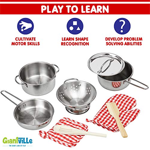 Giantville Toy Kitchen Play Set, 10 Piece Bundle - Stainless Steel Pots, Pans and Skillets, Wooden Spoons and Utensils, Pot Holders and Storage Caddy Rack - Thumbnail 4