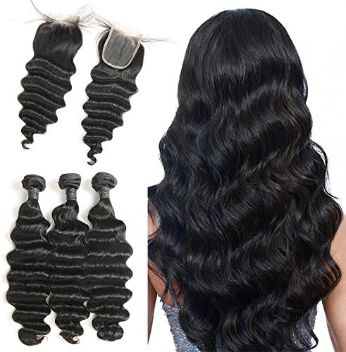8A Virgin Brazilian Hair Loose Deep Wave Bundles with Closure Ocean Wave Wavy Human Virgin Hair Bundles and Closure Loose Curly Hair Bundles Can be dyed (14 16 18 + 12)