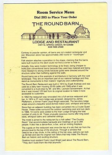 Amazon Com The Round Barn Lodge Restaurant Room Service Menu