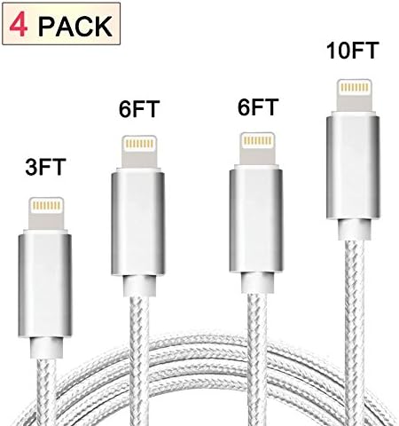 Azazar Lightning Cable, 4PCS 3FT 6FT 10FT Mfi Certified iPhone Cable Nylon Braided 8 Pin Syncing and Charging Cables Charger Cord for Apple iPhone x/8/7/7 Plus/6/6s/6s plus, 5c/5s/5/SE, iPad(Silver)