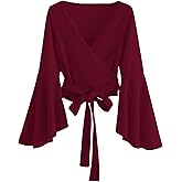 SweatyRocks Women's Long Sleeve V Neck Tie Knot Bandage Wrap Blouse Crop Top