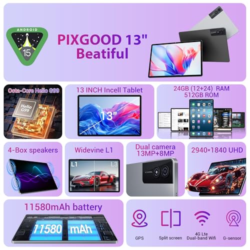 PIXGOOD 3K Tablet 13 Inches with Android 15, 36GB RAM, 512GB ROM (Extension 2TB), 4G Lte-----5G WiFi, 2940*1840UHD, 11580mAh, G99 2.2GHz, 13MP + 8MP, Touch Tablet with Keyboard, GPS4 Speaker, Grey
