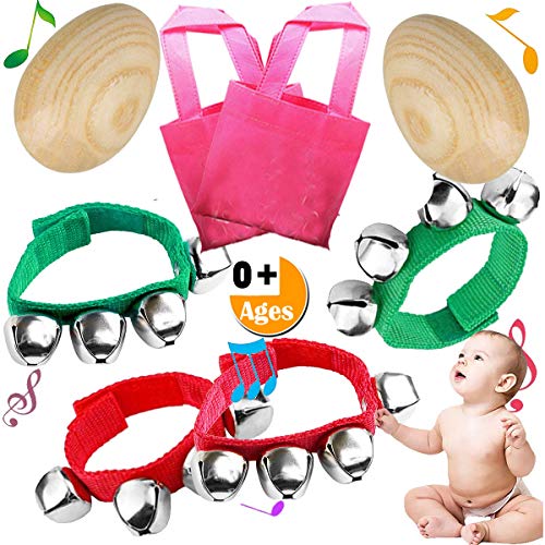 NimJoy Natural Wood Egg Shakers Jingle Bell Bracelets Rattles Percussion Musical Toys Set for Classroom Music, Playing, DIY Painting, Easter Egg Hunt & Basket Fillers, Bonus Gift Bags, 8PCS