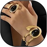 Vintage Gold Open Bracelet Ring Set for Women Trendy Oval Black Acrylic Bracelet Ring Set
