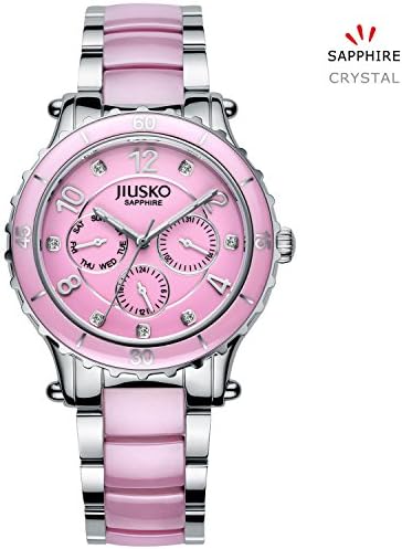Jiusko Women's 83LSP04 Multifunction Quartz 24 Hr Stainless Steel Pink Ceramic Dress Wrist Watch