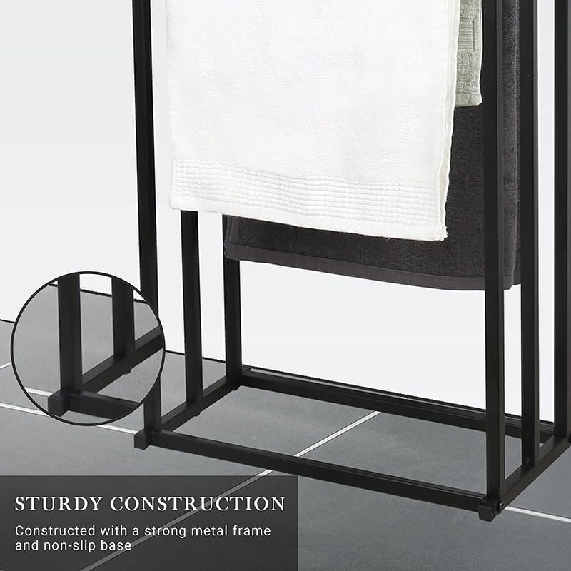 BSJIASHIWEI 3-Tier Black Metal Towel Rack Chrome High Industrial Modern Freestanding Towel Rack Bathroom Accessory Organizer for Bathroom Storage and Towels, Towels, By Tub or Shower