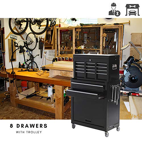 Big Tool Box,Rolling Tool Chest with Sliding Drawers,2 in 1 Tool Cabinet with 4 Swivel Wheels (2Pcs with Brake),Cold Rolled Steel,Black