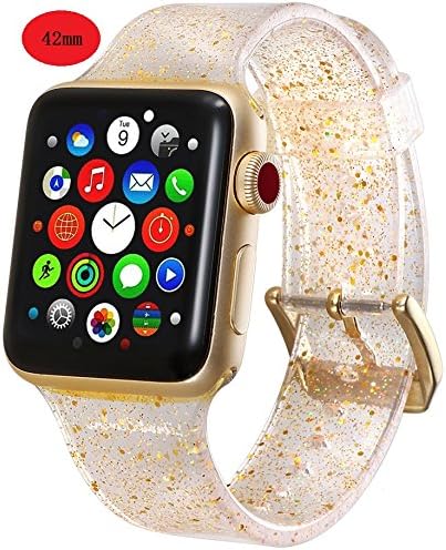 for Apple Watch Band 42mm 44mm iWatch Band for Women Bling Stylish Glitter Silicone Sports Replacement Strap with Stainless Steel Metal Clasp for Apple Watch Series4/3/2/1 (42mm-Gold)