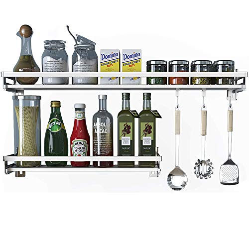 Eastore Life Wall Mounted Spice Rack with 4 Hooks - 304 Stainless Steel Seasoning Storage Shelf for Kitchen, Easy to Assemble, 23.6-Inch