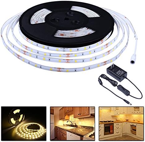 Miheal 32.8ft/10M Warm White Waterproof LED Strip Light, 3000K 12V 3A Flexible LED 5050 Lamp Tape DIY Full Kit for Home Indoor Decoration, Power Supply Included