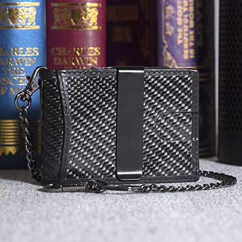 Carbon Fibre Card Case - Slim Money Clip Card Holder ManChDa RFID Blocking Mens Front Pocket Wallet (2. Fold Black With Money Clip & Chain)