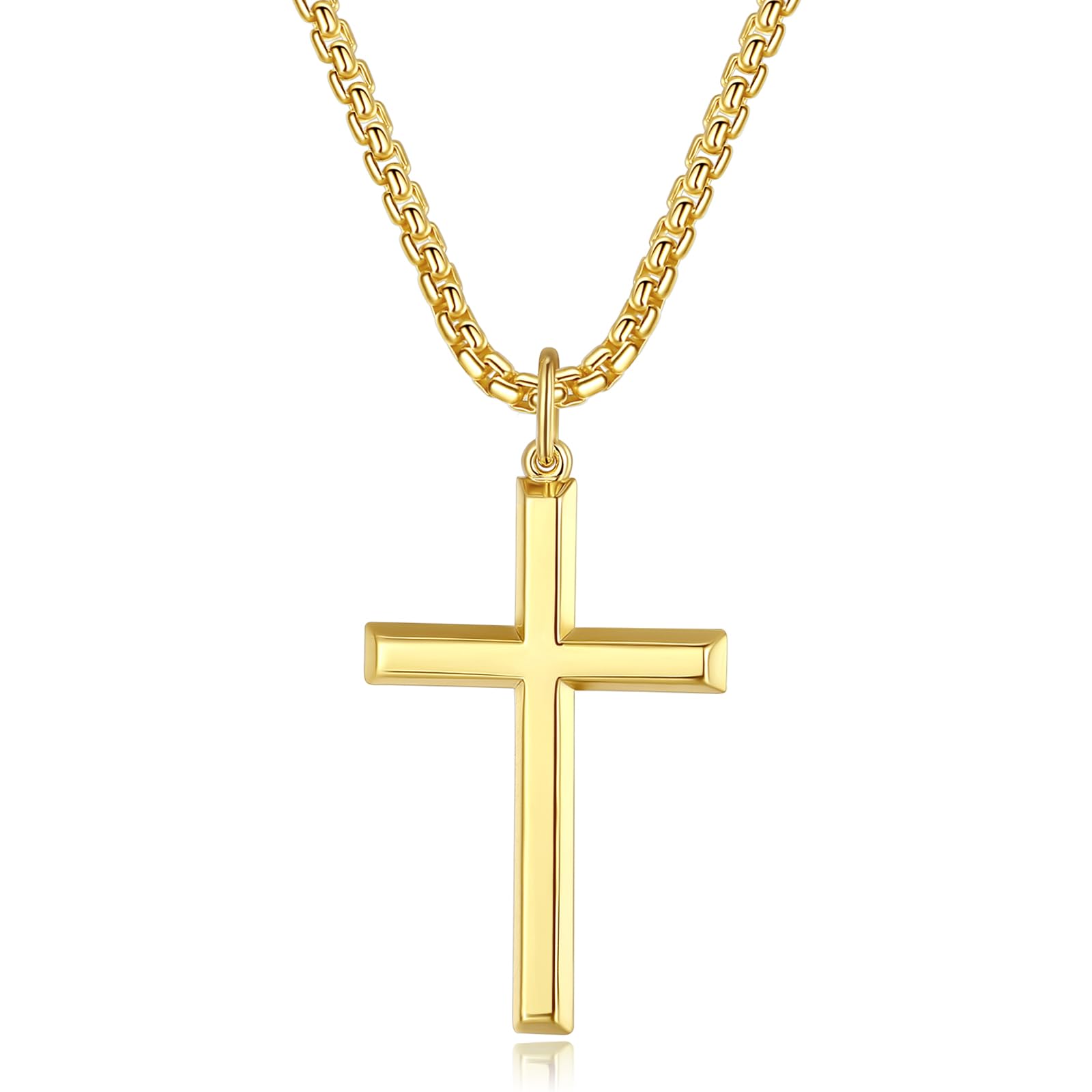 FANCIME Yellow Gold Plated 925 Solid Sterling Silver High Polished Plain Mens Crucifix Pendant Fine Jewellery for Mens Boys, with Stainless Steel Box Chain Necklace Length 24 Inch
