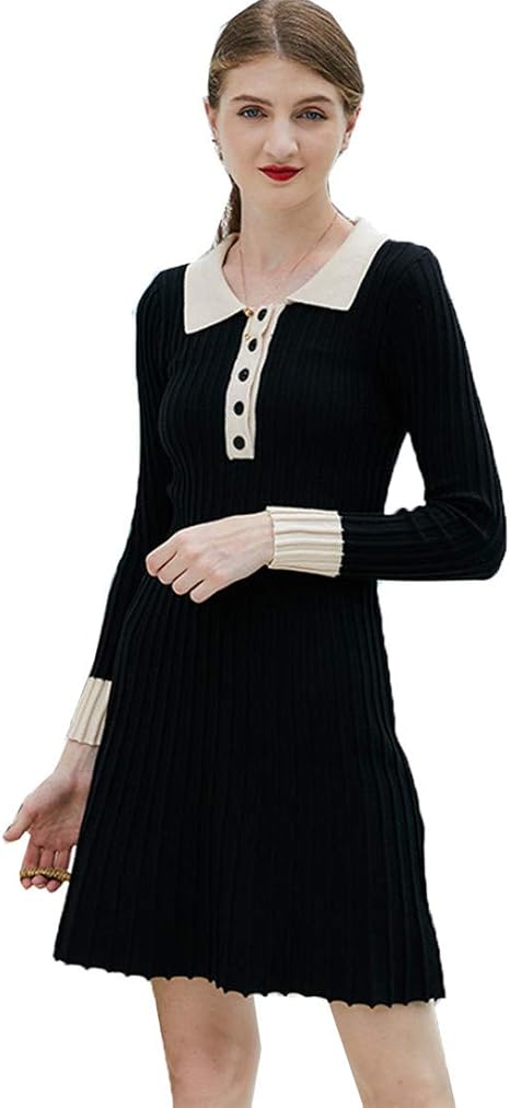 Amazon Co Jp Caixingyi ニットドレス レディース ワンピース 台形スカート Poloカラー 韓国版 色を打つ ハイウエスト スリム 春秋冬 ストライプ 服 ファッション小物