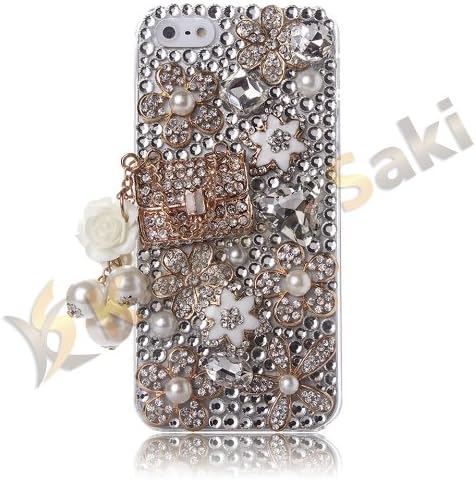 Kazma Saki(TM) 3D Bling Crystal Pearl CoCo Hand Bag Flower Golden Case Cover for Apple iPhone 5 and 5S (Fits: Apple iPhone 5, 5s, Package includes: 1 X Screen protector, extra backup crystal)