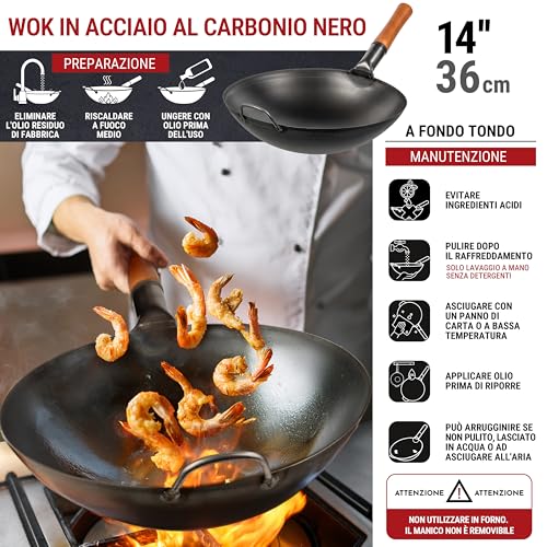 YOSUKATA Professional Wok Pan 36 cm – Traditional Round Base in Preconditioned Carbon Steel – Original Chinese – Large Pot – Compatible with Gas and Open Fire (Black)