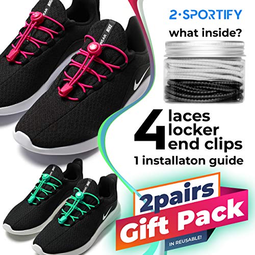 2SPORTIFY 2 Pack No Tie Shoelaces for Kids and Adults - Tieless Elastic Shoe lace with Lock for Sneakers Rubber - Round Shoe Laces (Black-Black)