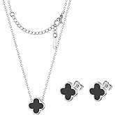 KYJAC Clover Necklace and Stud Earrings Jewelry Set White Black Red Clover Pendant Necklace 18k Gold Plated Four Leaf Clover Necklace Earrings Set Gifts for Women
