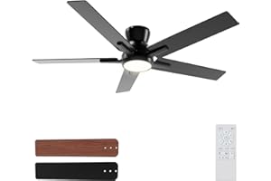 Sevenine 52 Inch Black Flush Mount Ceiling Fans with Lights and Remote, Black Low Profile Ceiling Fan for Bedroom Living Room Patio/Outdoor, Quiet 6 Speed Reversible DC Motor, 3CCT, Dimmable, 3 Timers