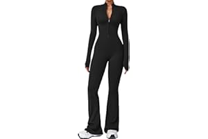 Ecupper Womens One Piece Workout Jumpsuit Zip Up Long Sleeve Yoga Rompers Full Length Flared Sports Gym Unitard