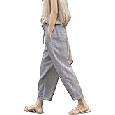 Kubsid Women Linen Pants Summer Casual Solid Color Drawstring Elastic Waist Pants Lightweight Capris Beachwear L Light Grey
