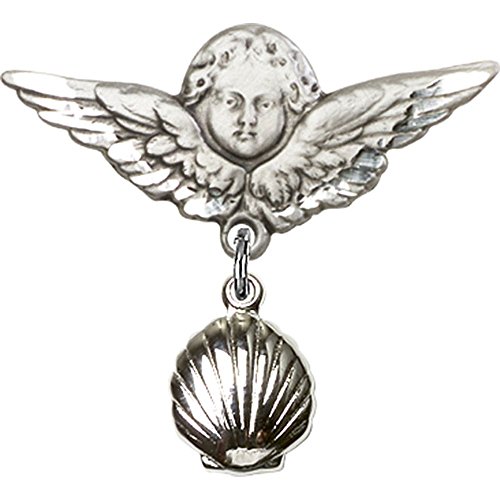 Sterling Silver Baby Badge with Shell Charm and Angel w/Wings Badge Pin 1 X 1 1/8 inches