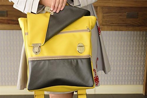 Handmade Designer Mustard Yellow and Grey Student Laptop Backpack, Made from Waterproof Vegan Faux Leather with Many Pockets. Retro Style.