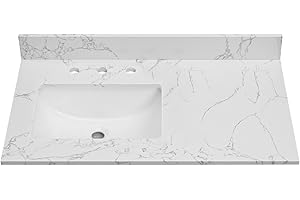 EQLOO 36 Inch Engineered Stone Bathroom Vanity Sink Top, with Undermount Rectangular Left Side Sink, Vanity Countertop with 8 inch Faucet Hole Spacing and Backsplash in Lightning White