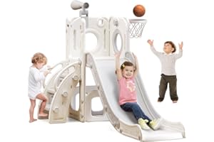 BAVNNRO 6 in 1 Toddler Playset with Slide, Kids Slide with Basketball Hoop, Ball, Ring Toss, Indoor Outdoor Toys (White)