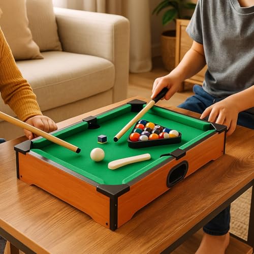 Mini Mesa de Bilhar Infantil Completa 51x31x9 cm com Tacos Bolas Triangulo Escovinha e Giz Mesa de Sinuca de Madeira Brinquedo Educativo Esportivo Infantil
