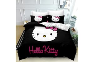 SSPENT The Anime Quilt Duvet Cover Hello Set Comforter Cover Kitty 3 Pieces Bedding Printed Quilt Cover Set with Pillow Cases Easy Care and Soft Hand Feel