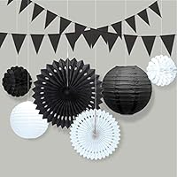 Black and White Halloween Party Decoration Kit Paper Fan Pompom Lantern Triangle Garland Hanging Décor/Banner/Backdrop for Birthday/Home/Classroom/Holiday/Showcase