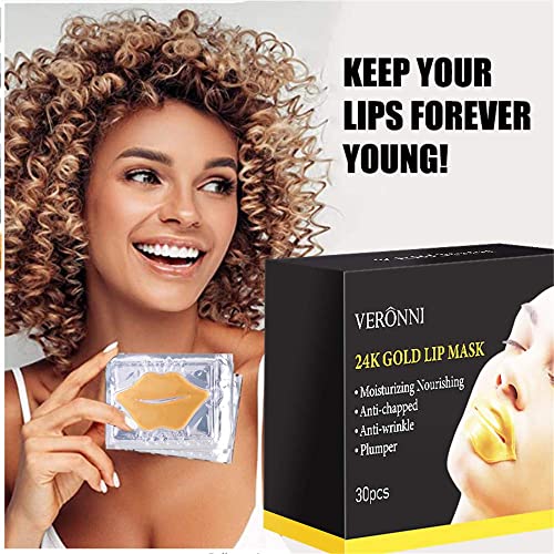 VERONNI 24K Gold Lip Mask 30 Patch Golden Lip Masks Set Moisturizer