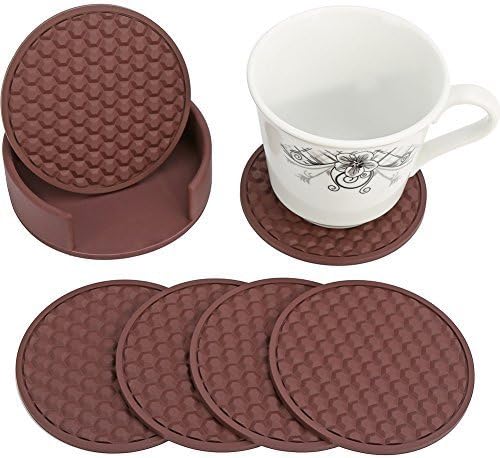 HappyDavid Silicone Cup Mat Drink Coasters Set of 6 with Coaster Holder for Fine Wine, Beer, or Any Beverage.Use on Bars or Fine Furniture in Your Kitchen(brown-holder)