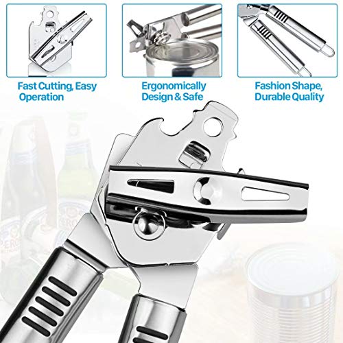 Can Opener Manual, Kitchen Stainless Steel Heavy Duty Can Opener Durable Food Safe Cut Smooth Edge Tool 3-in -1 Tin Beer Jar Bottle Opener Hand Grip for Seniors with Arthritis Hands Friendly