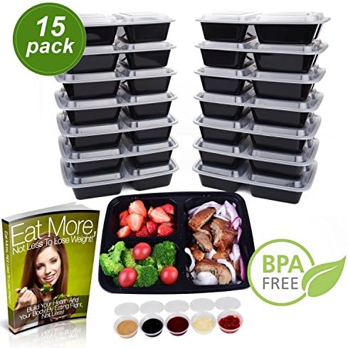 Meal Prep Containers 3 Compartment [15 pack] Leak Proof, BPA Free, Freezer, Microwavable, Dishwasher Safe, Reusable &amp; Durable Meal Prep Containers (32 oz) - 5 bonus 2oz Sauce Cups - Ebook