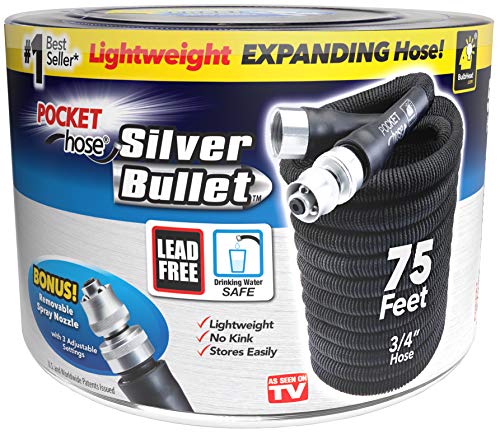 Photo 1 of Pocket Hose Original Silver Bullet (75 Ft) Lightweight Water Hose by BulbHead - Expandable Garden Hose That Grows with Lead-Free Connectors - Safe Drinking Water Hose – Kink-Resistant and Stores Easily!