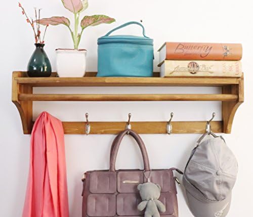 Wood Coat Rack Wall Shelf Wall Mounted Entry Way Coat Rack 25.8wide inch 5hook 1shelf